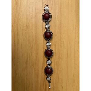 Lia Sophia Burgundy Cabochon and Mother of Pearl Silver Tone Link Bracelet